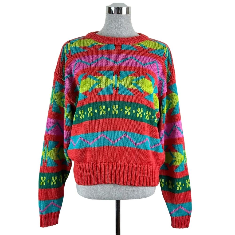 Vintage Lizwear Bright‎ Colorful Multi Geometric Knit Sweater Size Large